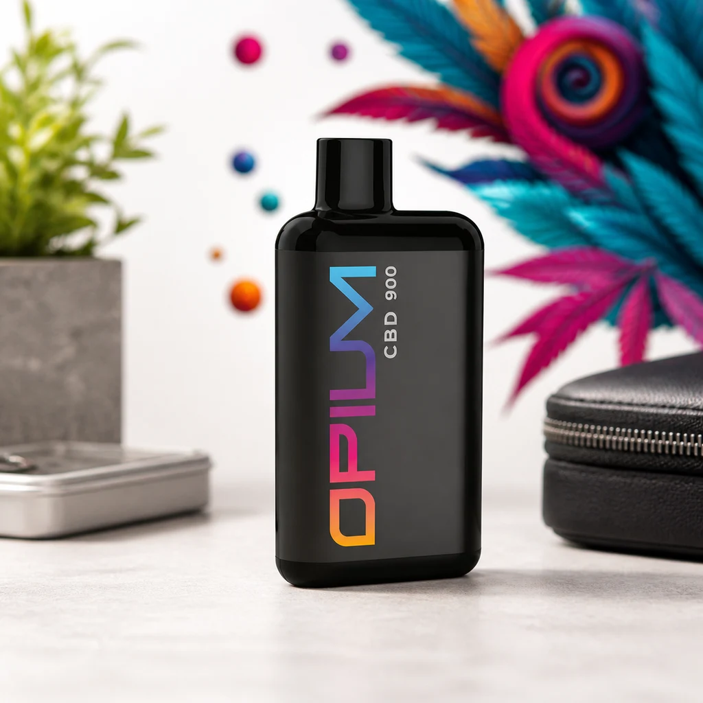 Escena generada con un vaper negro de letras multicolores «OPIUM» y «CBD 900», junto a un estuche y una decoración de plumas.