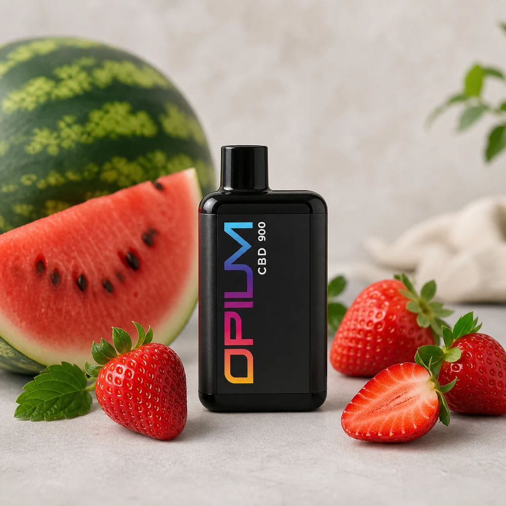 Vaper negro Opium con boquilla corta y letras multicolor, colocado entre fresas y sandía sobre una superficie clara. Vaper negro Opium con boquilla corta y letras multicolor, colocado entre fresas y sandía sobre una superficie clara.