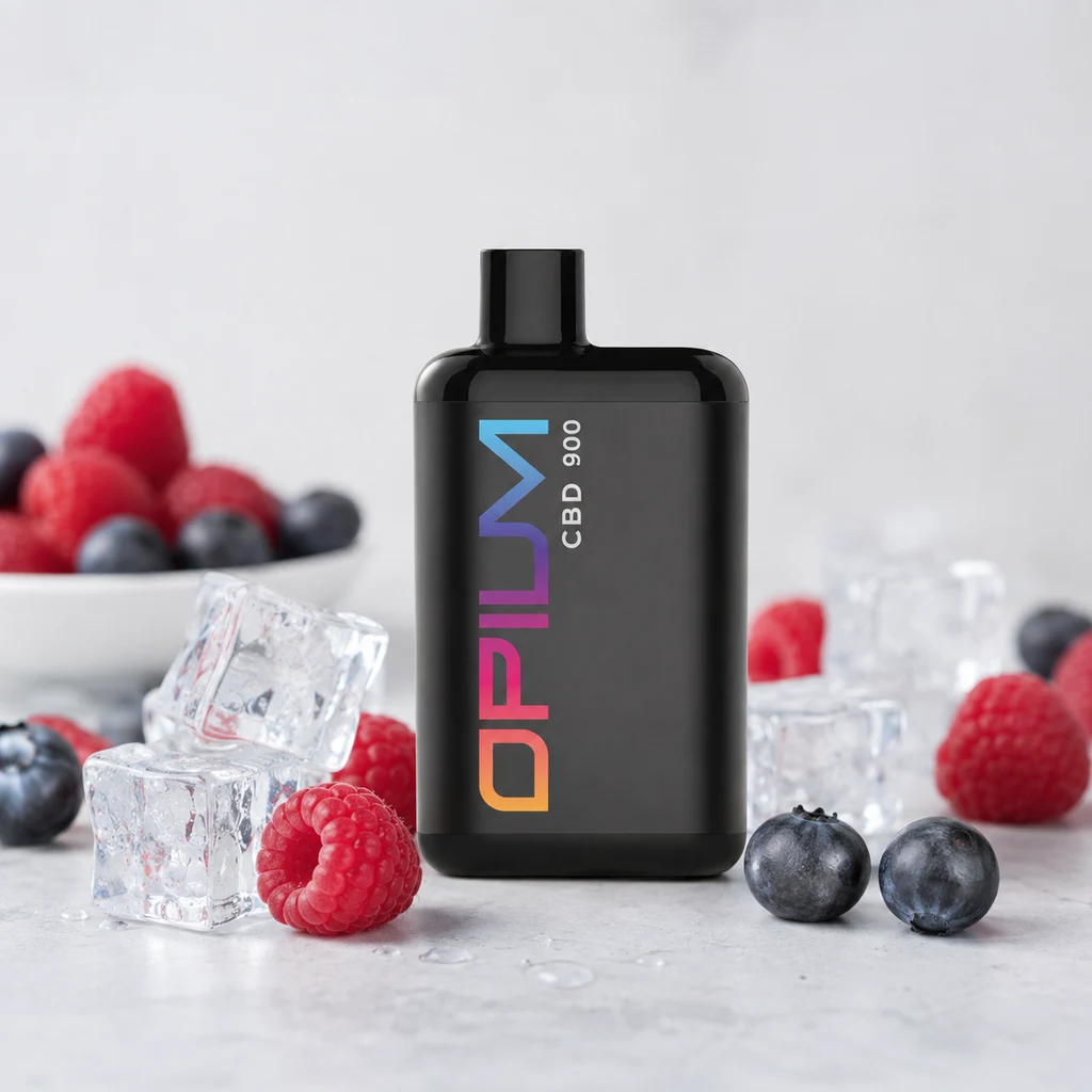 Vaper Super Berry Ice CBD Pocket Opium negro, con boquilla superior y letras multicolor, rodeado de frambuesas, arándanos y cubitos de hielo.