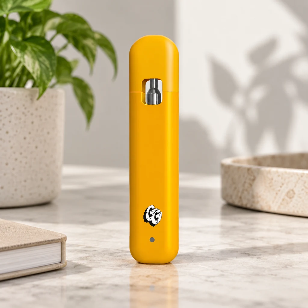 Pod amarillo de Gorilla Grillz en posición vertical sobre una mesa clara, con ventana superior, logotipo y una planta al fondo.