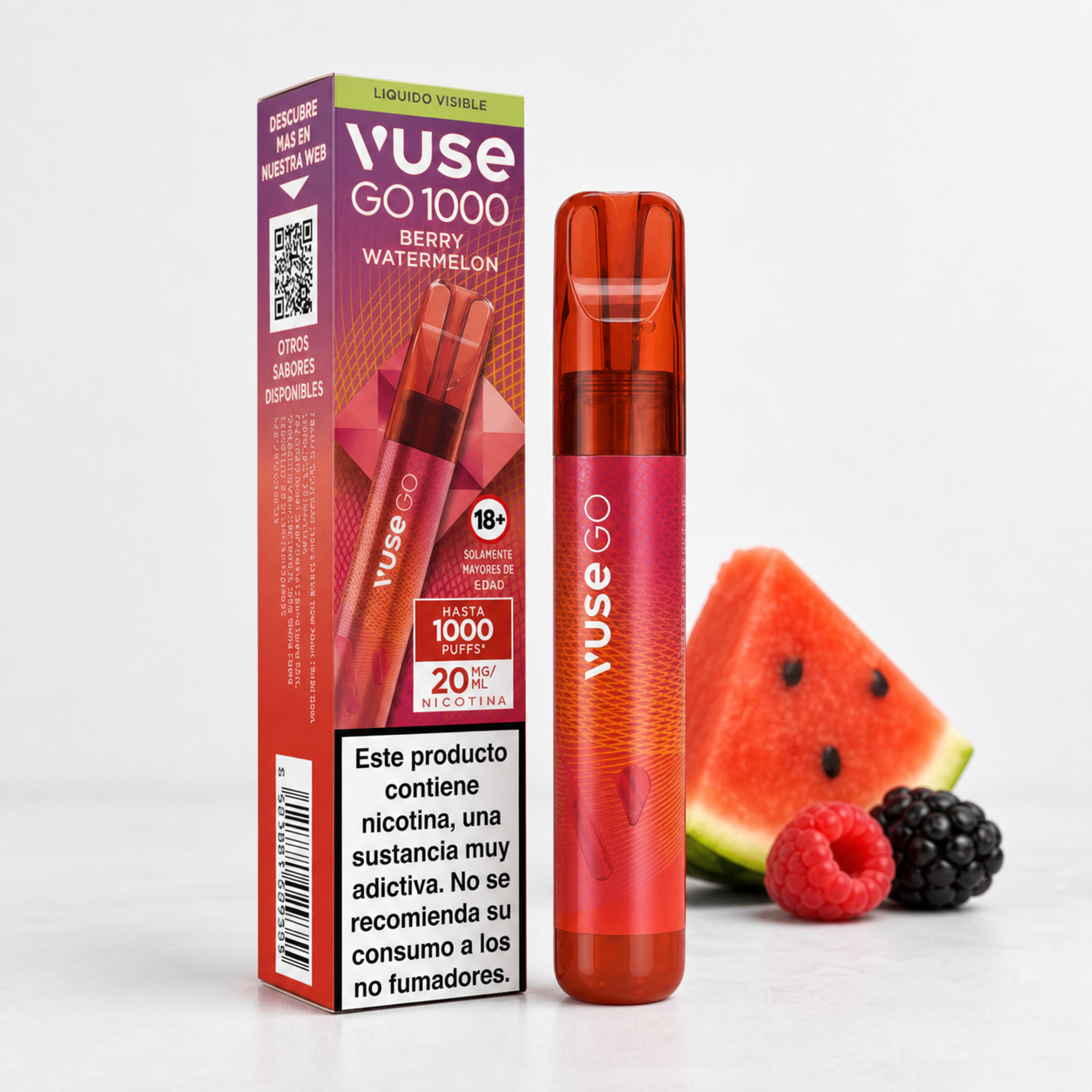 Vuse Go 1000 Bayas y Sandía rojo junto a su caja con advertencia sobre nicotina, una porción de sandía, una frambuesa y una mora.