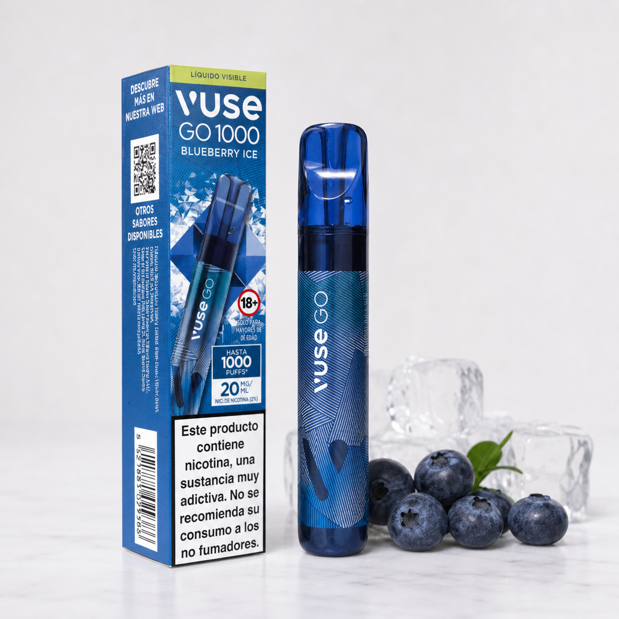 Vaper azul Vuse Go 1000 Blueberry Ice junto a su caja con advertencia de nicotina, arándanos y cubitos de hielo.