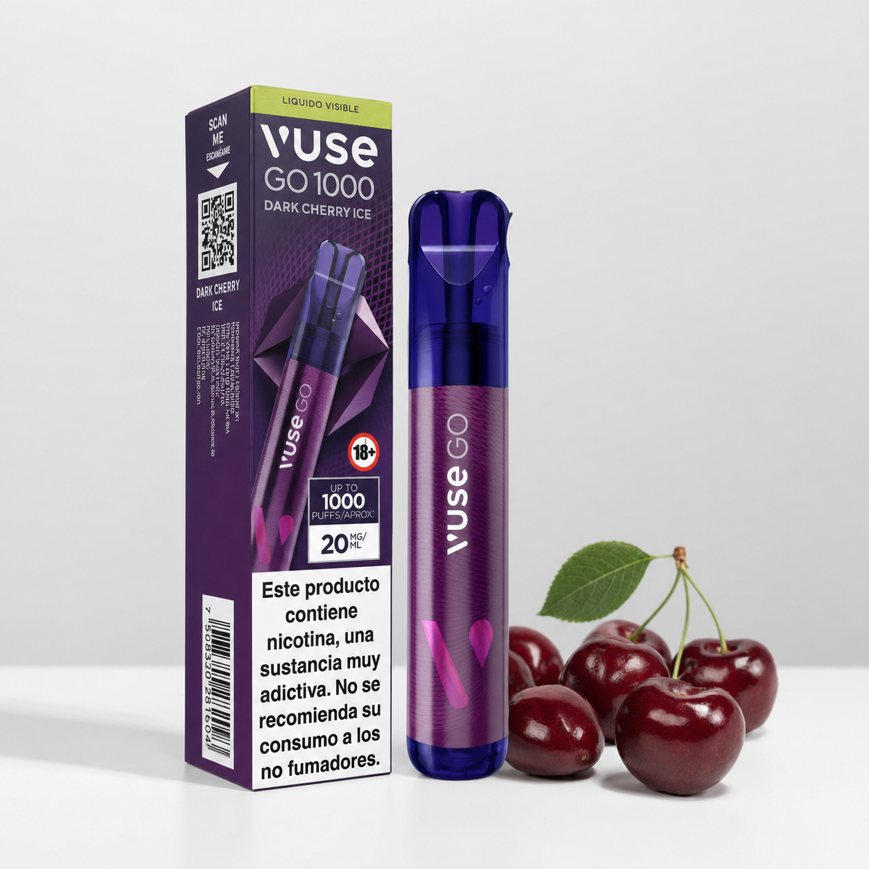 Vuse Go 1000 Dark Cherry Ice morado junto a su caja, con advertencia de nicotina, y varias cerezas sobre fondo claro.