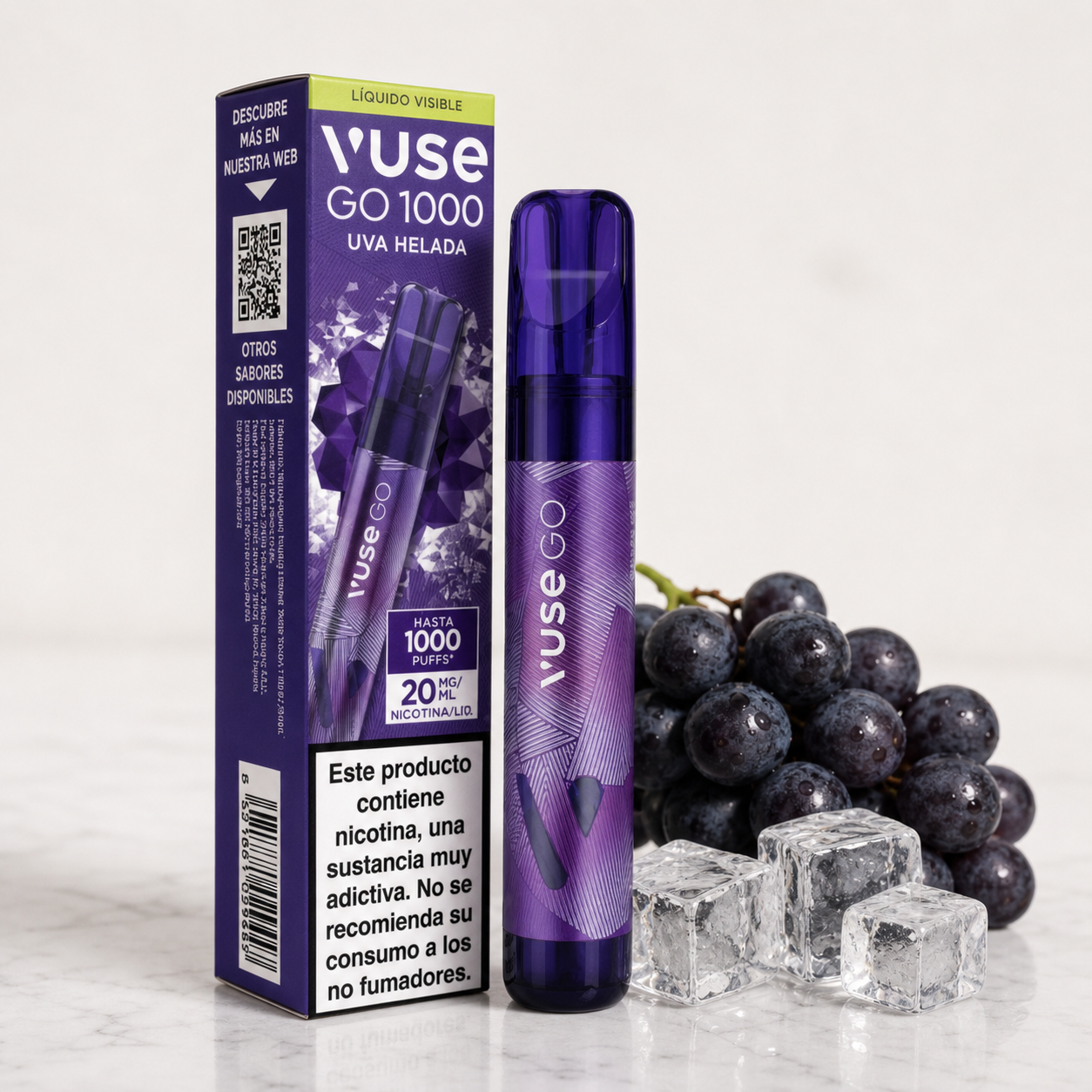 Vuse Go 1000 Uva Helada violeta junto a su caja, con aviso de nicotina visible, uvas oscuras y cubitos de hielo.