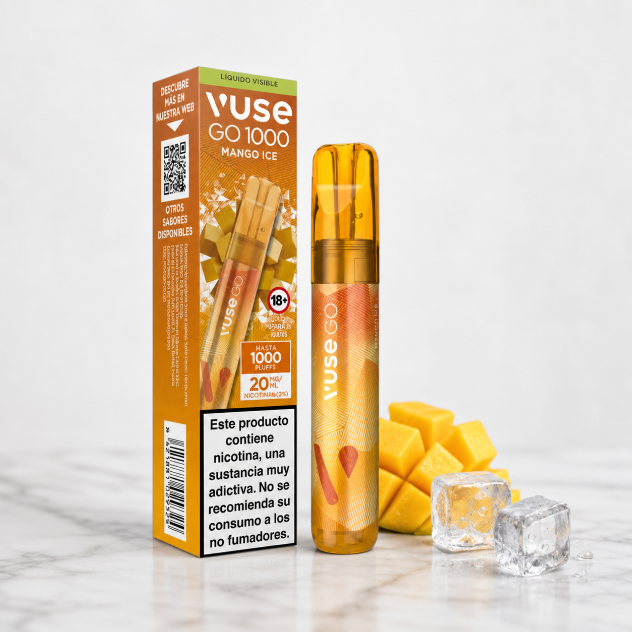 Vuse Go 1000 Mango Ice naranja junto a su caja con advertencia sobre nicotina, trozos de mango y cubitos de hielo.