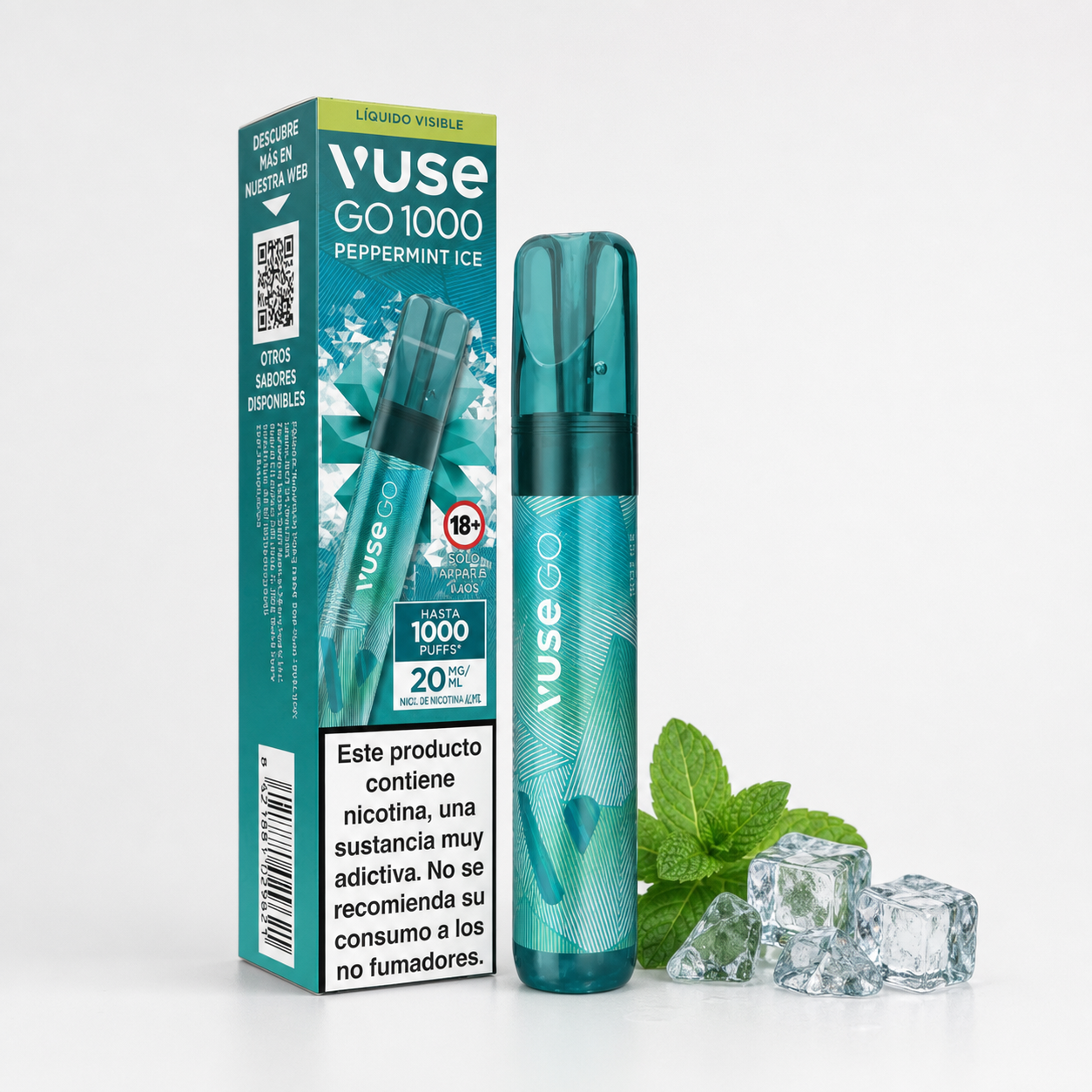 Vuse Go 1000 Peppermint Ice turquesa junto a su caja, con advertencia de nicotina, hojas de menta y cubitos de hielo.