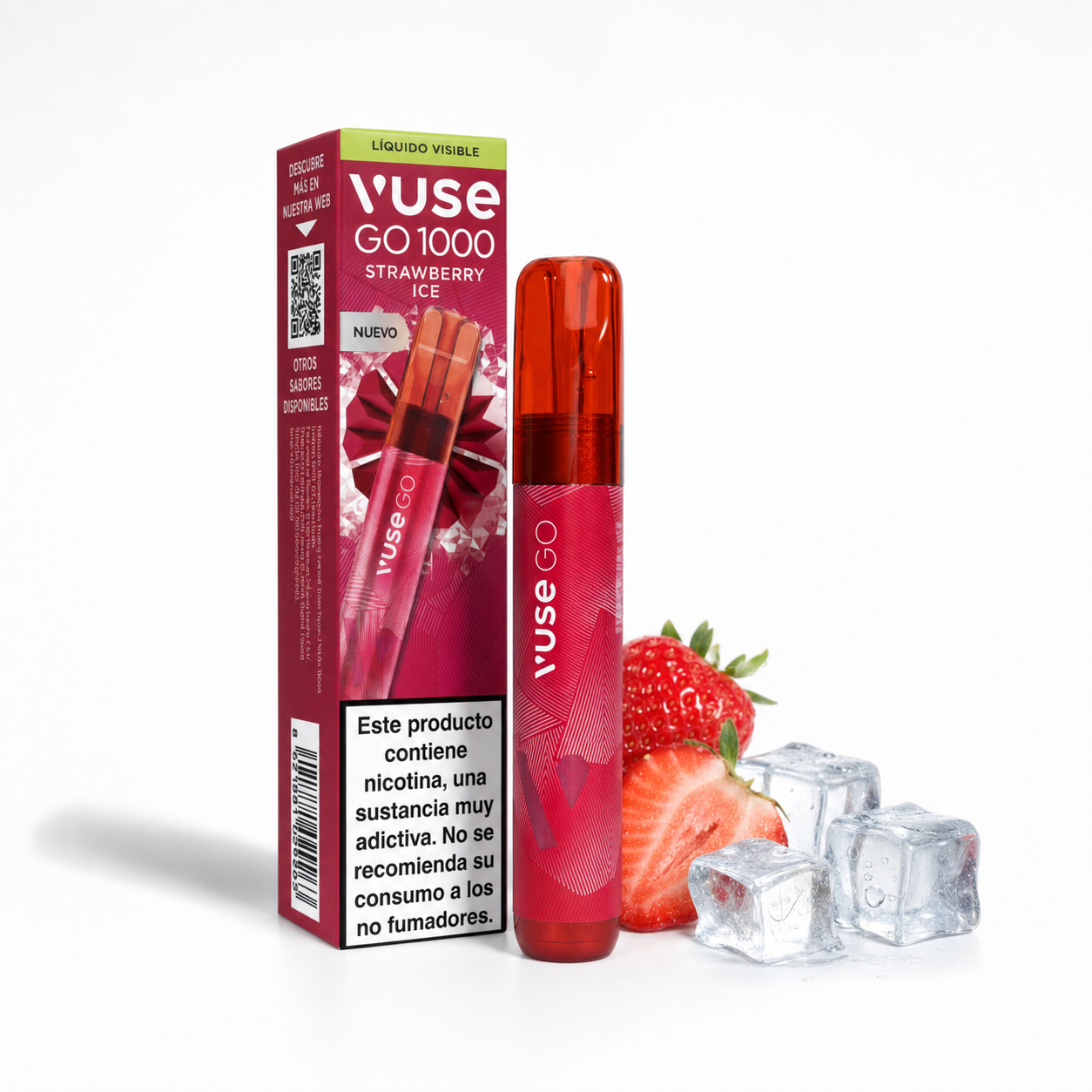 Vuse Go 1000 Fresa y Hielo rojo junto a su caja, con fresas enteras y cortadas y cubitos de hielo sobre fondo blanco.