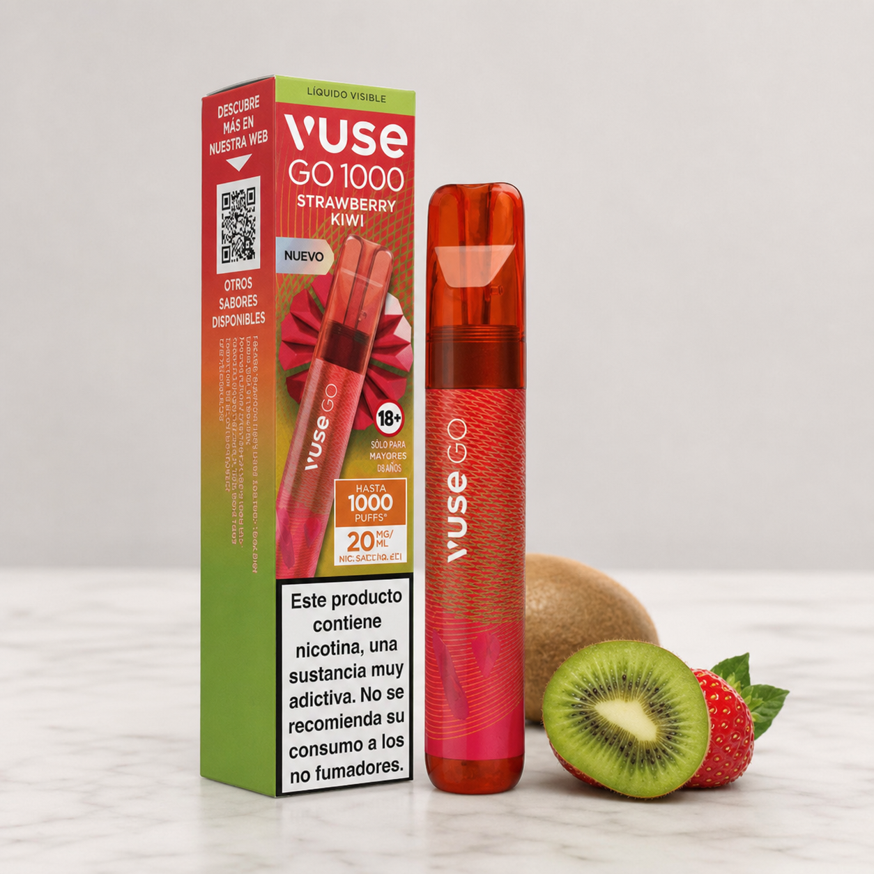 Vuse Go 1000 Fresa Kiwi rojo junto a su caja con advertencia de nicotina, acompañado de kiwi cortado y una fresa.