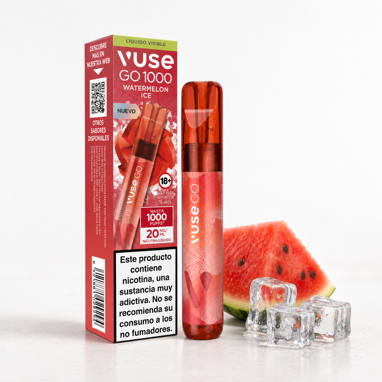 Vuse Go 1000 Watermelon Ice rojo junto a su caja, con una porción de sandía y cubitos de hielo sobre una superficie blanca.