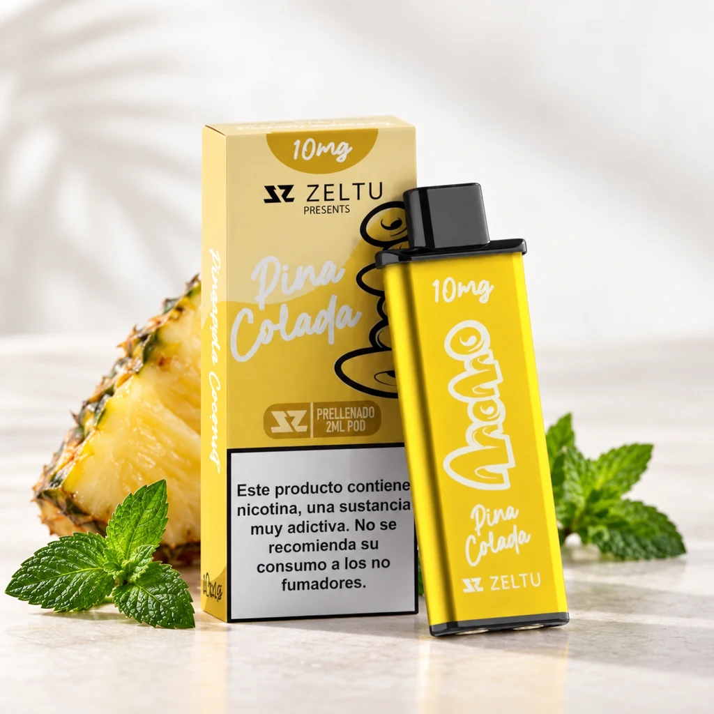Escena generada con cartucho amarillo Momo Piña Colada de Zeltu y su caja, ambos rotulados 10 mg, junto a piña y hojas verdes.