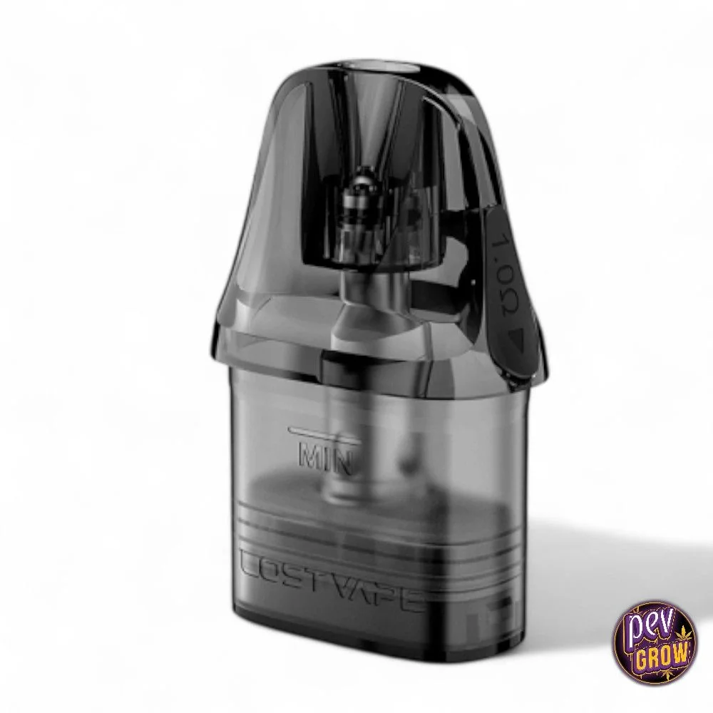 Pod Lost Vape Ursa V3 translúcido oscuro, con boquilla integrada, marca de llenado mínimo y resistencia visible en el interior.