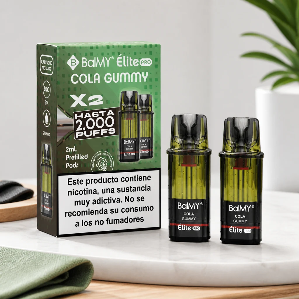 Pods Balmy Élite Pro Cola Gummy junto a su caja verde, con indicaciones de 2 ml, hasta 2.000 puffs y advertencia sobre nicotina.
