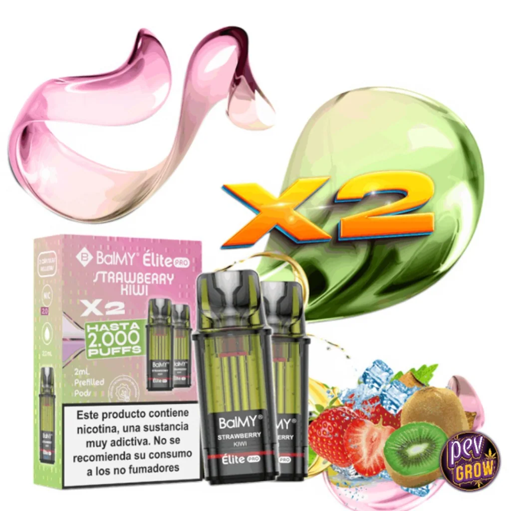 Pods Balmy Élite Pro Fresa Kiwi junto a su caja con indicación X2, rodeados de frutas, hielo y formas brillantes rosas y verdes.