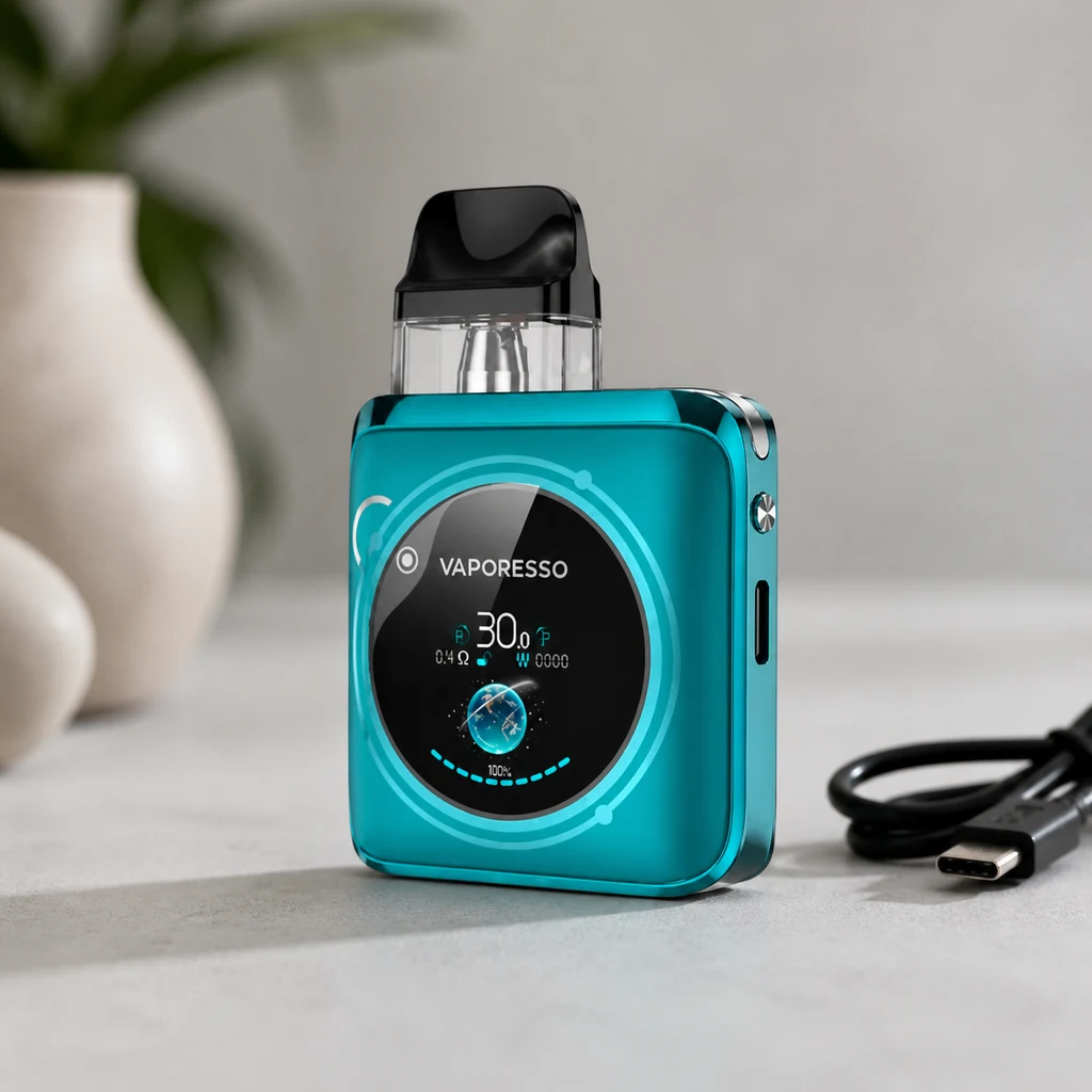 Vaporesso Xros 4 Nano turquesa con pantalla circular y boquilla negra, sobre una mesa junto a un cable USB. Vaporesso Xros 4 Nano turquesa con pantalla circular y boquilla negra, sobre una mesa junto a un cable USB.