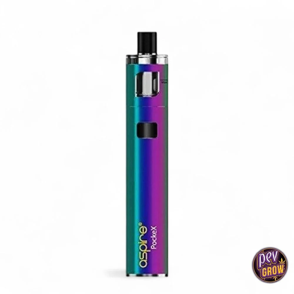 Aspire PockeX de cuerpo cilíndrico con acabado multicolor, boquilla negra, depósito transparente y botón negro en el frontal.