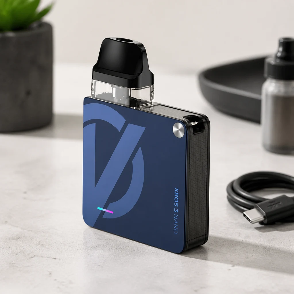 Vaporesso Xros 3 Nano azul oscuro sobre una mesa, con boquilla negra, depósito transparente y cable USB al lado.