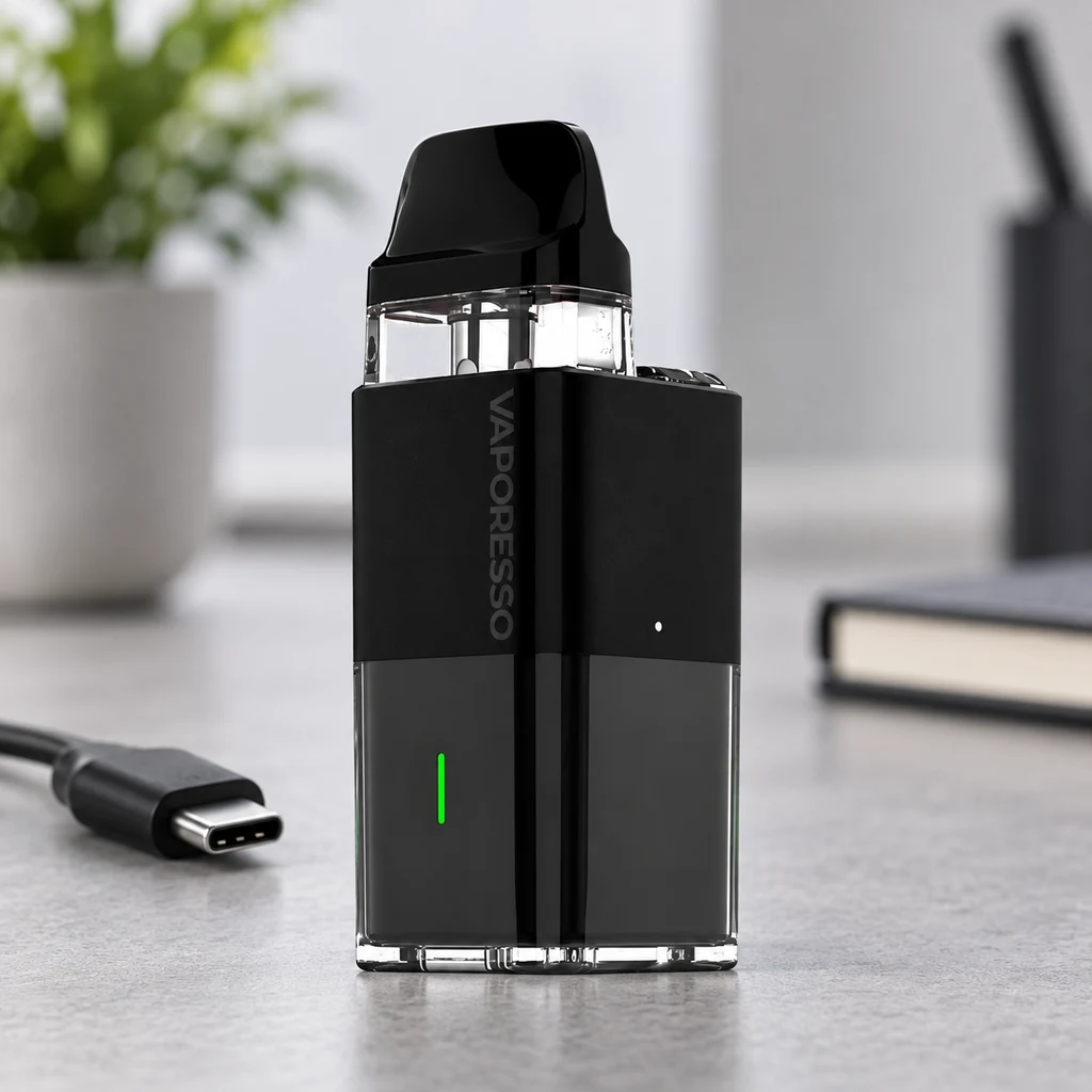 Pod Vaporesso Xros Cube negro en posición vertical, con depósito transparente y luz verde, junto a un conector USB-C sobre una mesa. Pod Vaporesso Xros Cube negro en posición vertical, con depósito transparente y luz verde, junto a un conector USB-C sobre una mesa.
