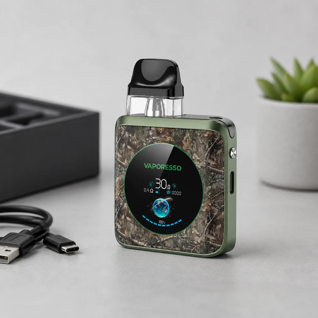 Vaporesso Xros 4 Nano Camouflage con marco verde, pantalla circular y boquilla negra, sobre una mesa junto a un cable USB y una maceta.