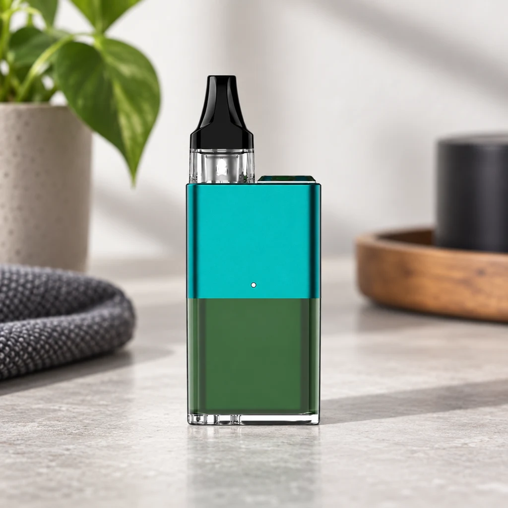 Pod Xros Cube sobre una encimera, con cuerpo rectangular turquesa y verde, depósito transparente y boquilla negra, junto a una planta.