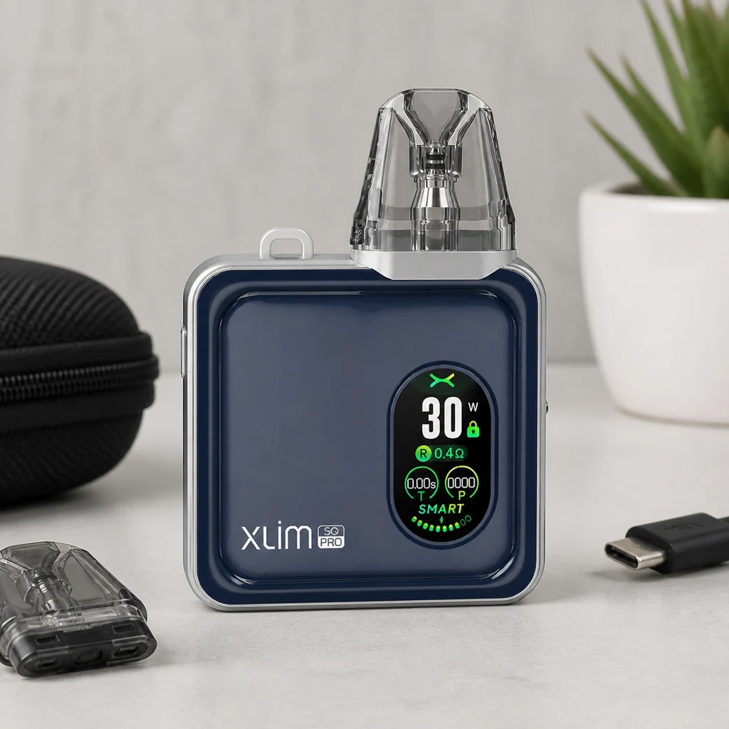 Oxva Xlim SQ Pro azul con cartucho transparente y pantalla que muestra 30 W, junto a un cartucho suelto, un estuche y un conector USB-C.