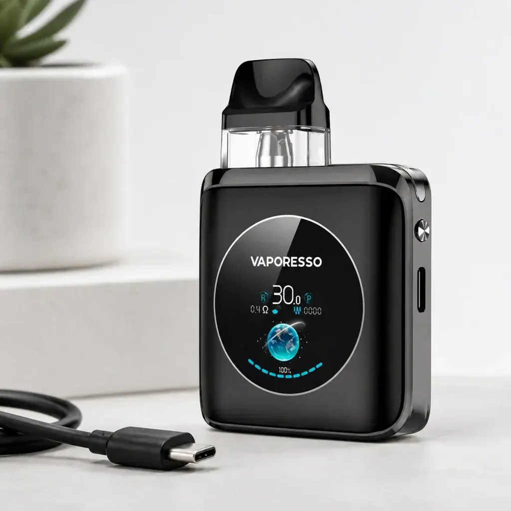 Vaporesso XROS 4 Nano negro con pantalla circular encendida y depósito transparente, junto a un cable USB-C sobre una mesa.