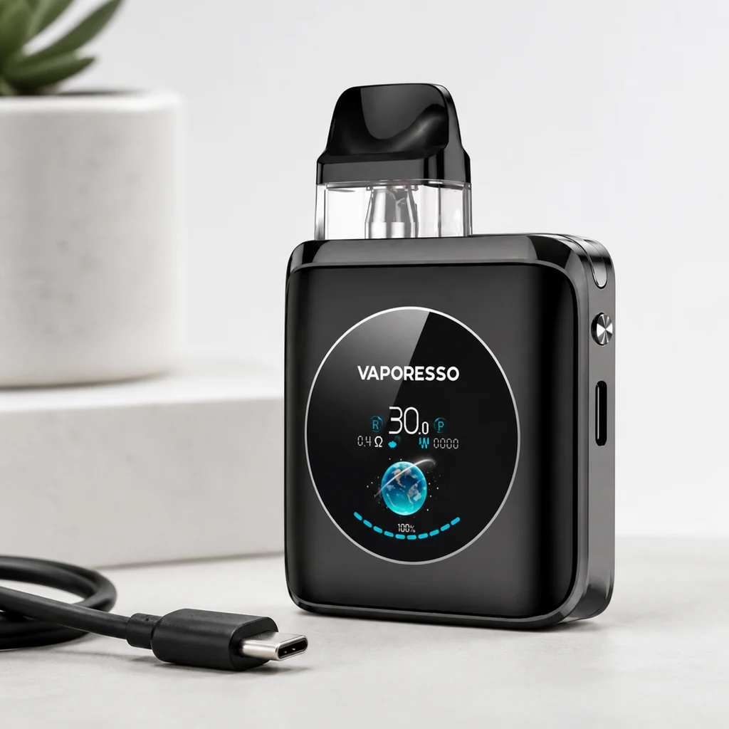 Vaporesso XROS 4 Nano negro con pantalla circular encendida y depósito transparente, junto a un cable USB-C sobre una mesa.
