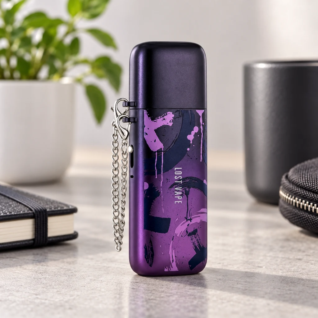 Vaper Lost Vape morado con estampado abstracto, tapa oscura y cadena plateada, de pie sobre una mesa junto a objetos desenfocados.