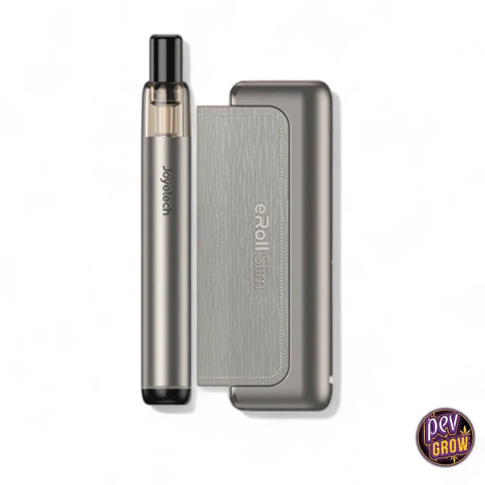 Joyetech eRoll Slim gris junto a su estuche rectangular a juego, con boquilla negra y depósito transparente, sobre fondo blanco.
