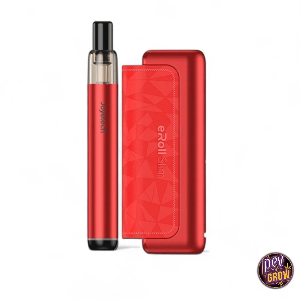 Joyetech eRoll Slim rojo junto a su estuche, con panel de dibujo geométrico y boquilla negra, sobre fondo blanco.