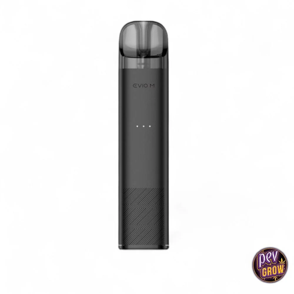 Joyetech Evio M Pod negro en vista frontal, con boquilla translúcida oscura, indicadores luminosos y textura diagonal en la base.