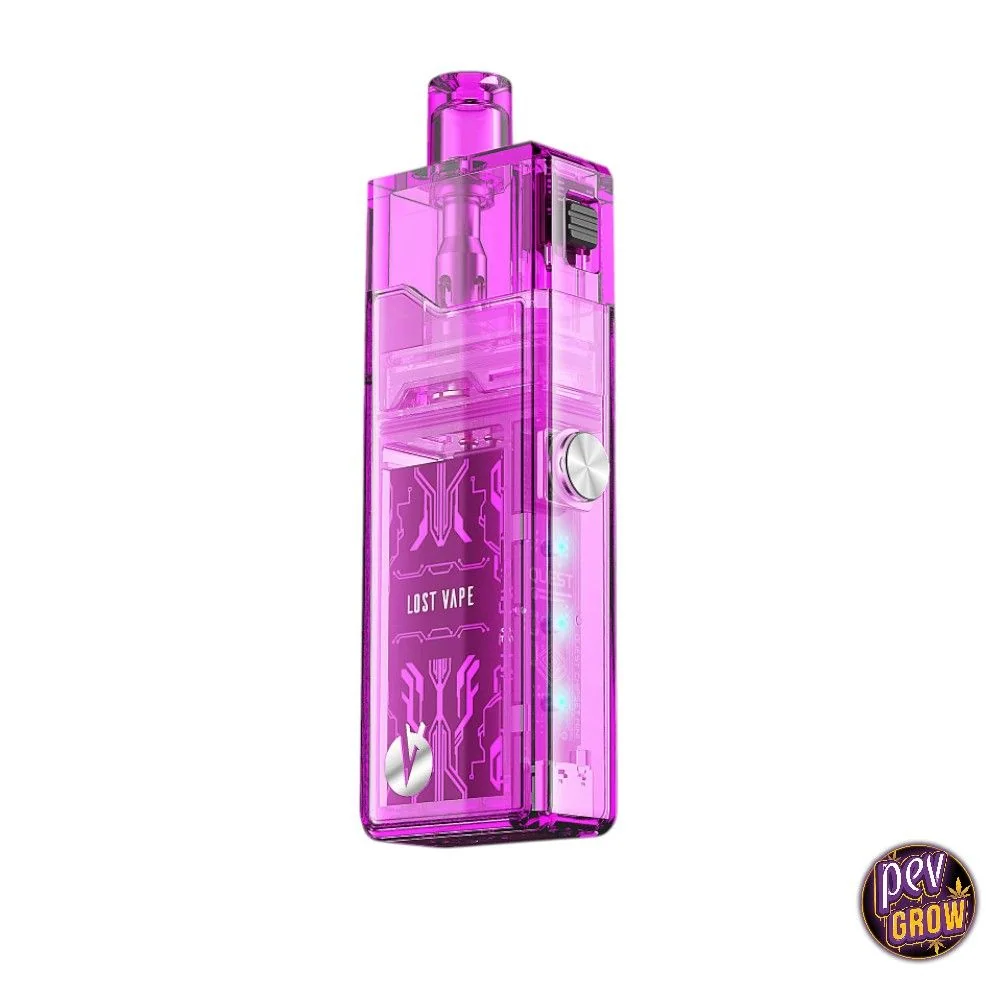 Dispositivo Lost Vape completo de carcasa transparente fucsia, con boquilla superior, botón lateral plateado y circuitos visibles.