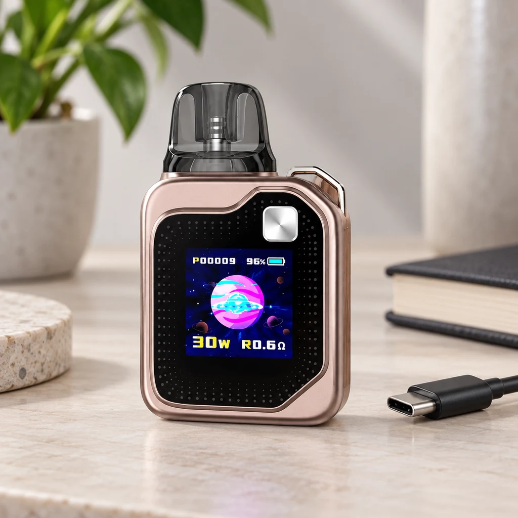 Vapeador de tono rosado con boquilla oscura, botón plateado y pantalla a color que muestra 30 W, junto a un cable USB-C.