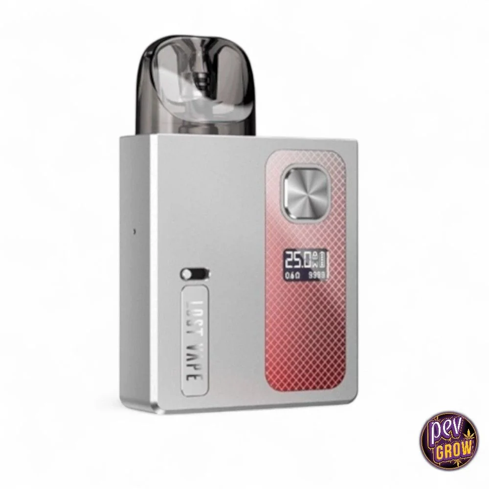 Lost Vape Ursa Baby Pro plateado con panel rosa tramado, botón frontal, pequeña pantalla y boquilla oscura translúcida.