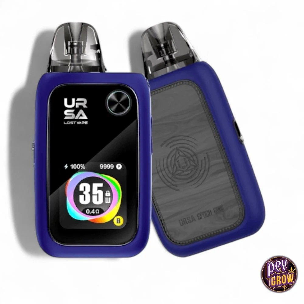 Vistas frontal y trasera del Lost Vape Ursa Epoch Pro azul, con boquilla translúcida, pantalla a color y panel posterior gris.