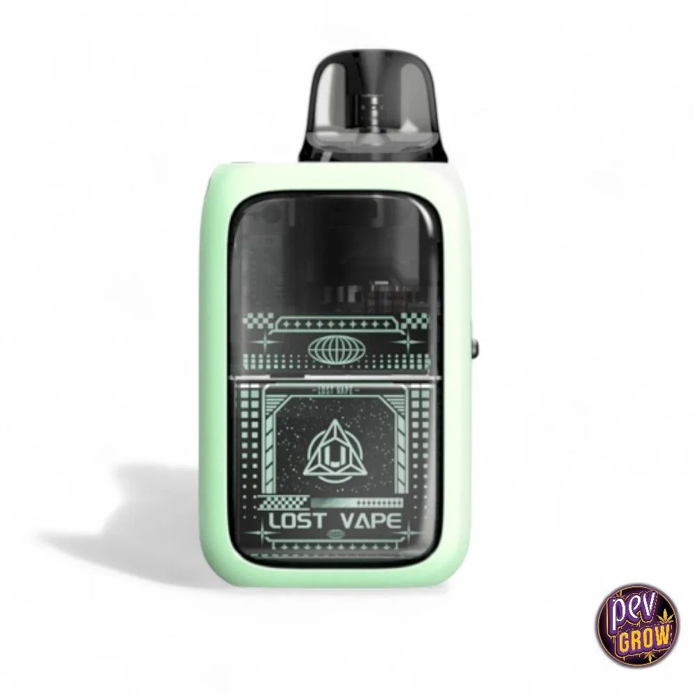 Lost Vape Ursa Epoch de frente, con carcasa verde menta, panel negro decorado con motivos geométricos y boquilla oscura translúcida.