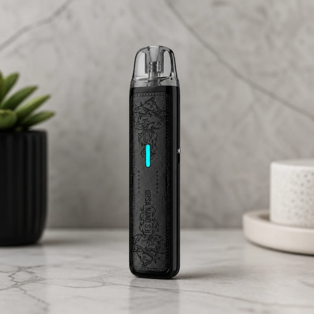 Lost Vape Ursa Nano S II negro en vertical, con motivos grabados, luz turquesa y boquilla transparente, sobre una mesa gris.