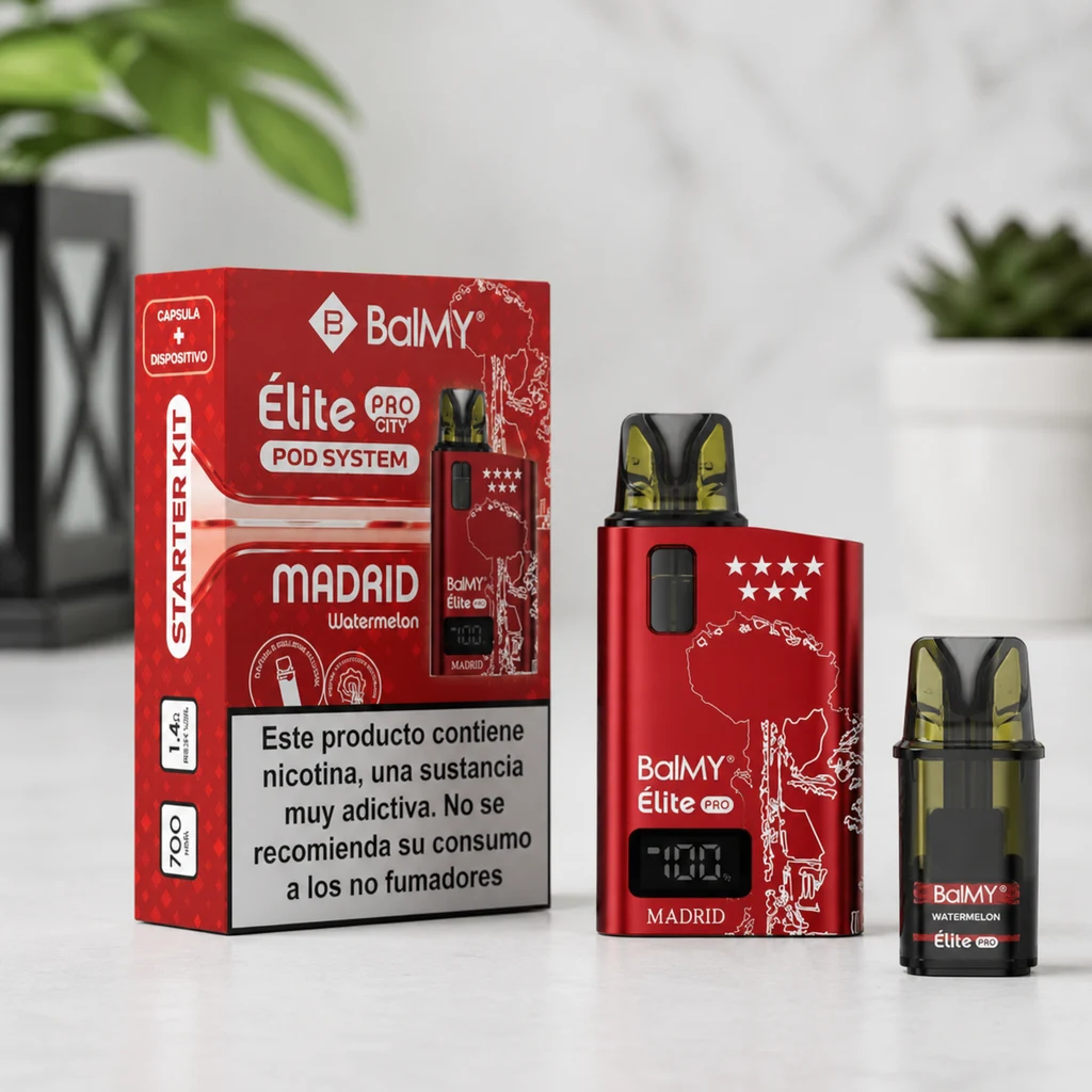 Dispositivo rojo Balmy Élite Pro Madrid con pantalla, junto a un pod de sandía y su caja con advertencia sobre la nicotina.
