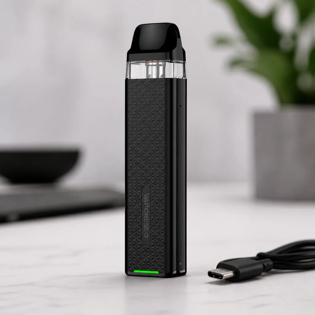 Pod Vaporesso Xros 3 Mini Black de pie, con frontal negro texturizado, depósito transparente y luz verde, junto a un cable USB-C. Pod Vaporesso Xros 3 Mini Black de pie, con frontal negro texturizado, depósito transparente y luz verde, junto a un cable USB-C.