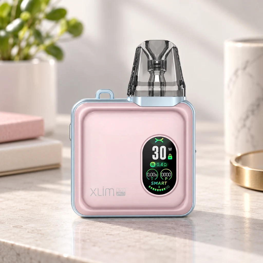 Oxva Xlim SQ Pro rosa pastel con bordes azul claro, boquilla translúcida y pantalla que marca 30 W, sobre una encimera.