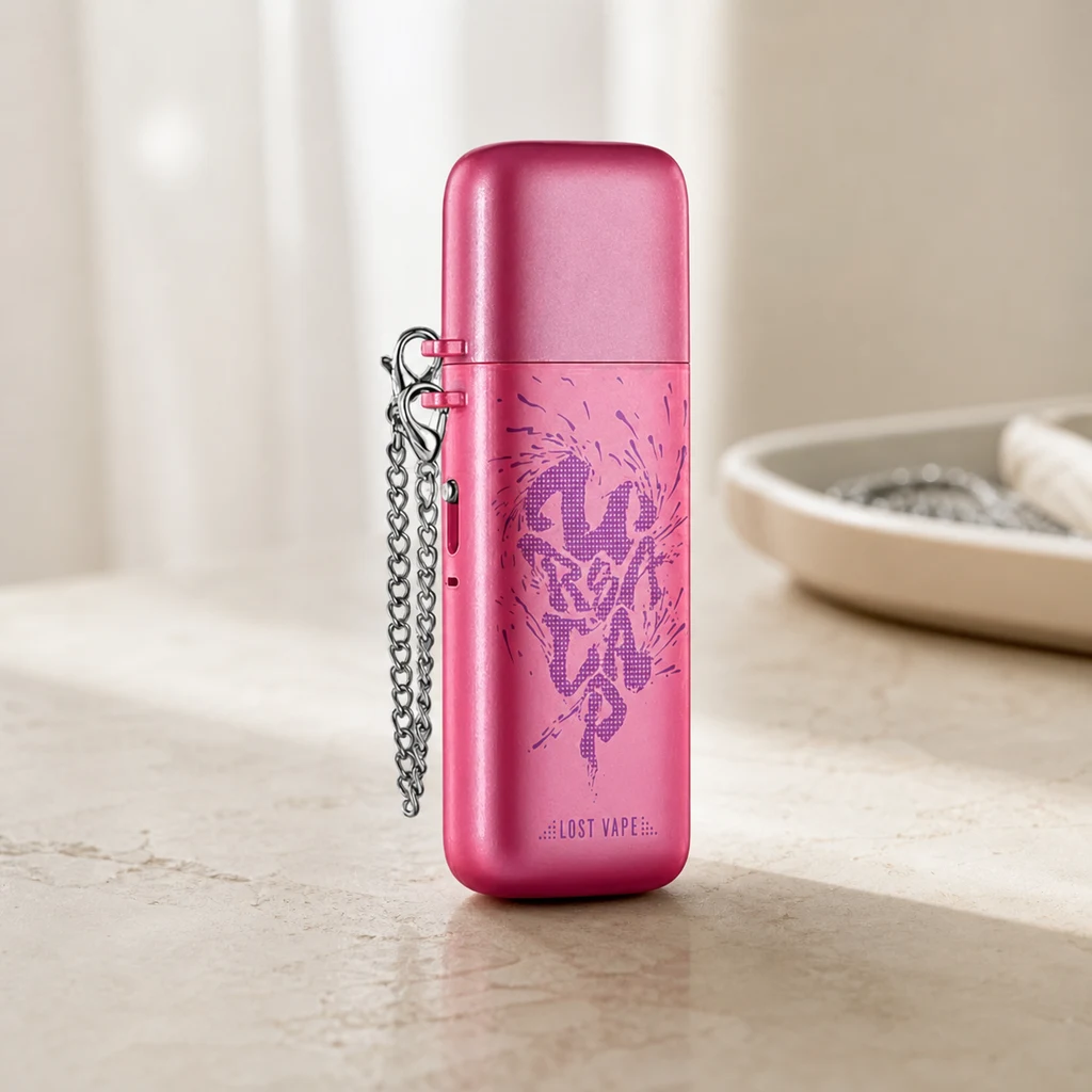 Vaper Pink Carnival Ursa Cap de Lost Vape, rosa con gráfico morado y cadena lateral plateada, en vertical sobre una superficie clara.