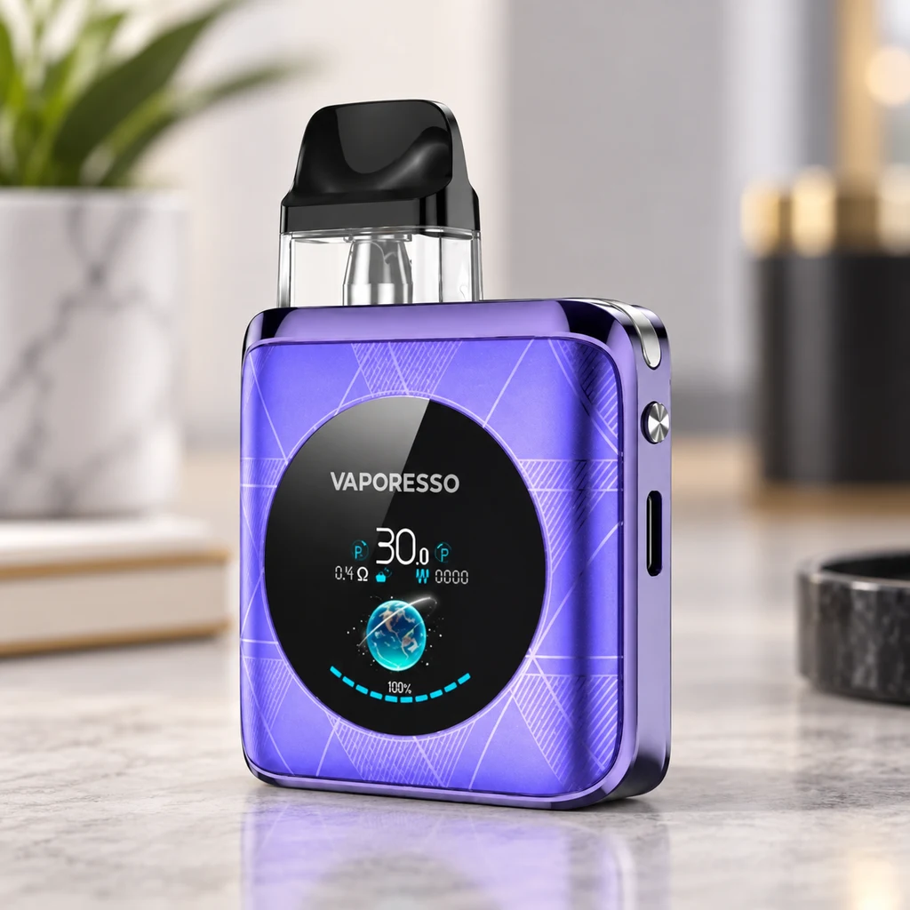Vaporesso Xros 4 Nano Purple de pie sobre una encimera, con cuerpo violeta, pantalla circular y depósito transparente con boquilla negra.