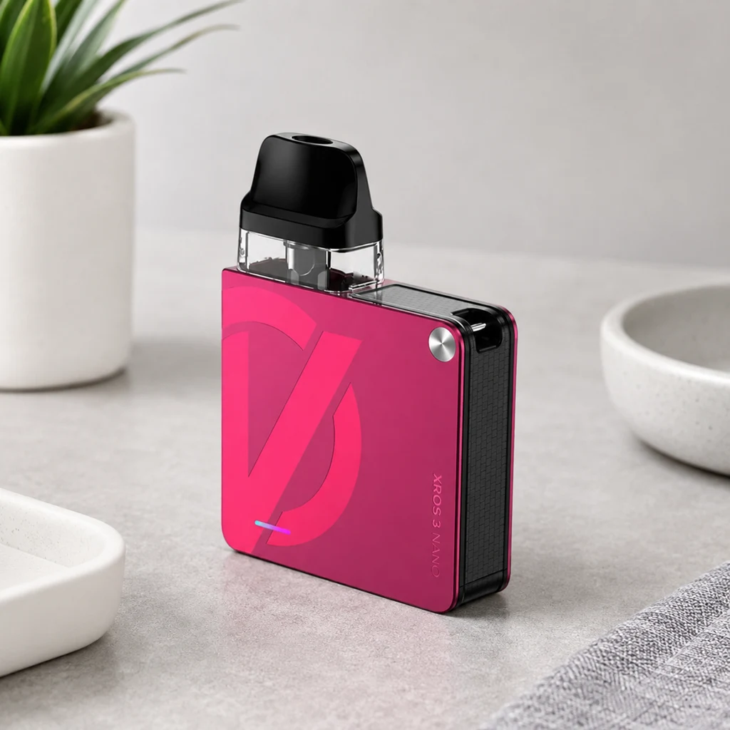 Vaporesso Xros 3 Nano rosa, de cuerpo cuadrado con lateral negro, depósito transparente y boquilla negra, sobre una superficie gris.