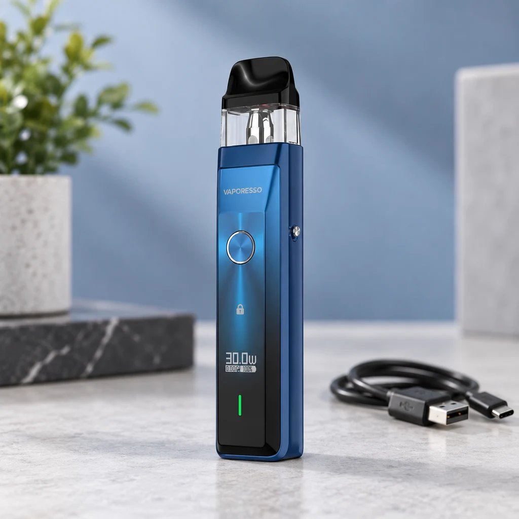 Pod Vaporesso Xros Pro azul, de pie sobre una mesa, con boquilla negra, depósito transparente, pantalla y cable USB al lado.