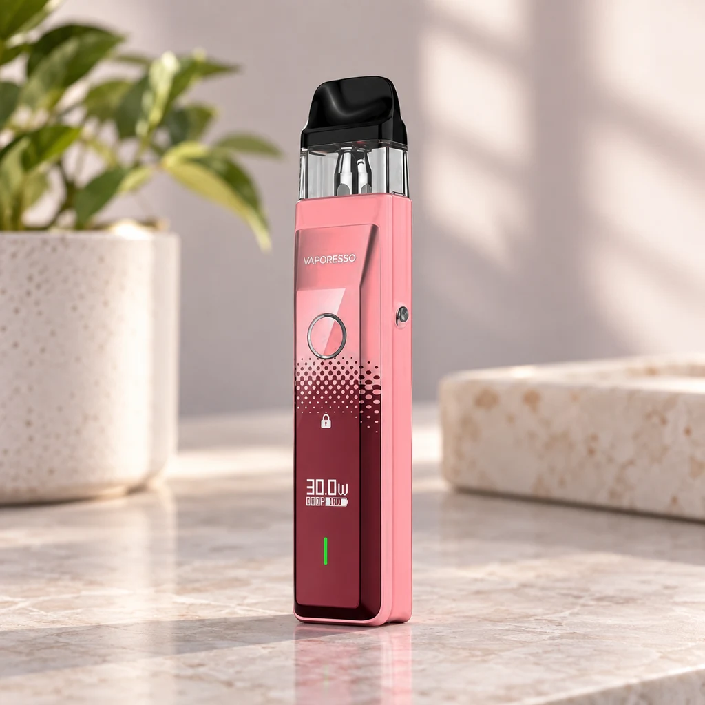 Vaporesso Xros Pro Sakura Pink de pie sobre una encimera, con cuerpo rosa, boquilla negra y pantalla que muestra 30,0 W.