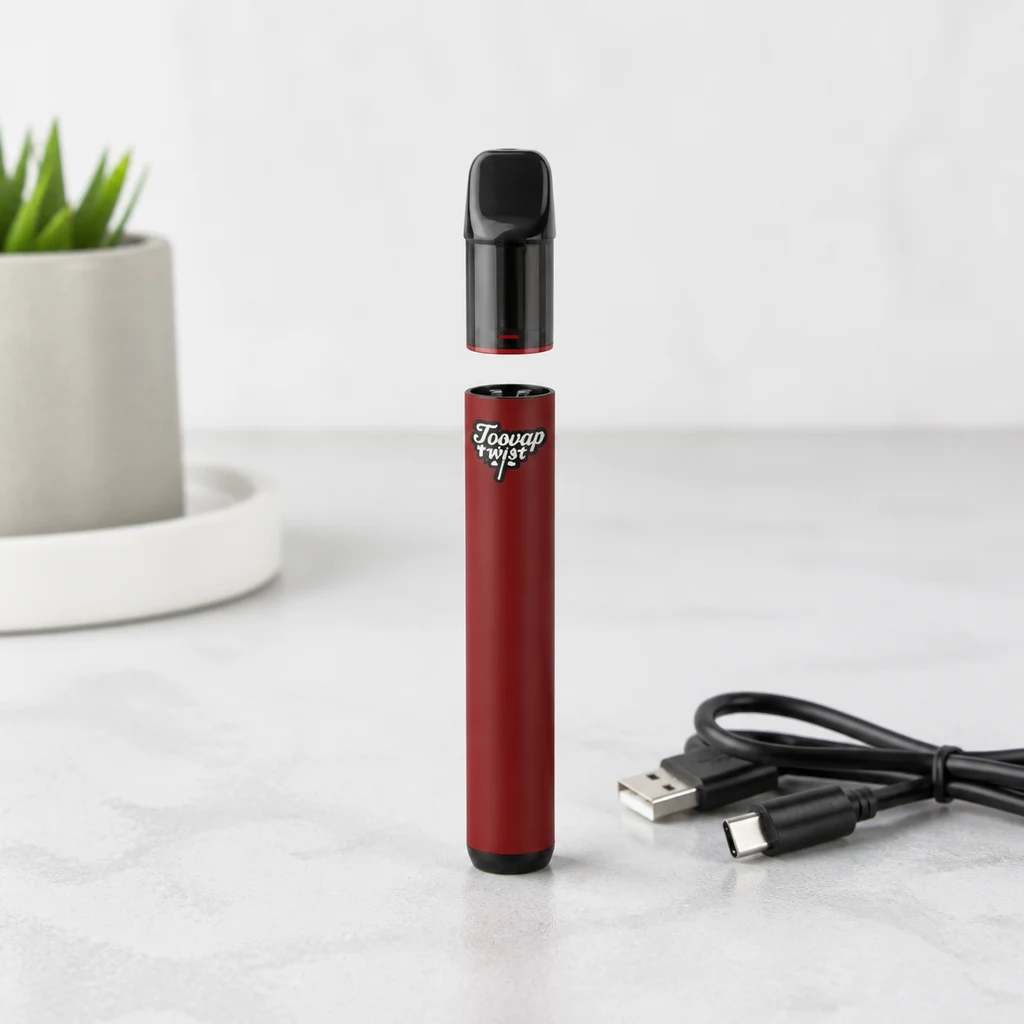 Vapeador TVAP Twist rojo en vertical, con el pod negro separado sobre el cuerpo y un cable USB al lado, sobre una mesa clara.