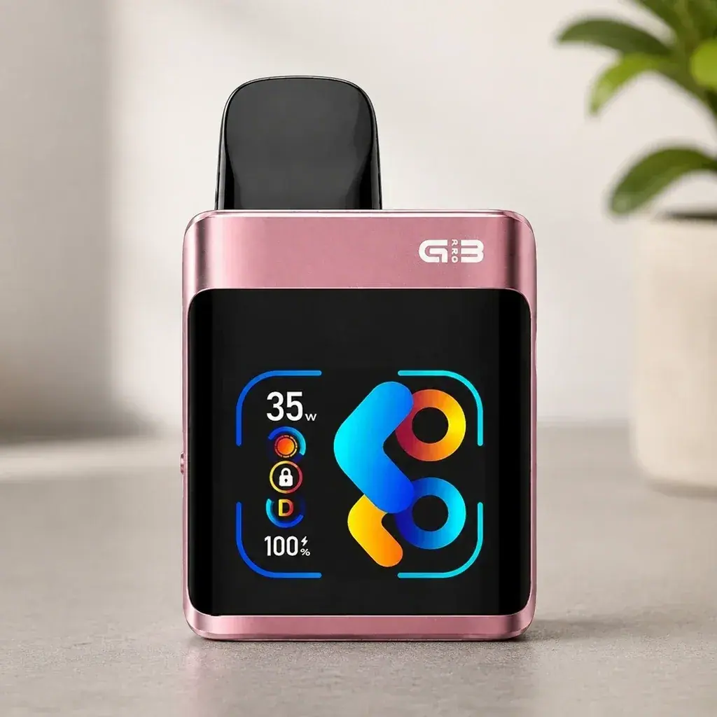 Pod Uwell Caliburn G3 Pro Koko rosa con boquilla negra y pantalla de gráficos multicolores que muestra 35 W y batería al 100 %.