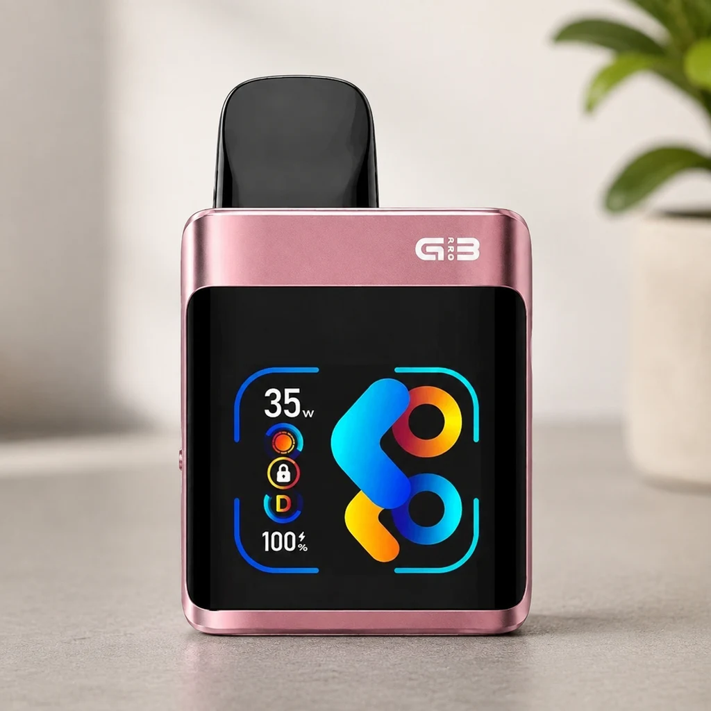 Pod Uwell Caliburn G3 Pro Koko rosa con boquilla negra y pantalla de gráficos multicolores que muestra 35 W y batería al 100 %.