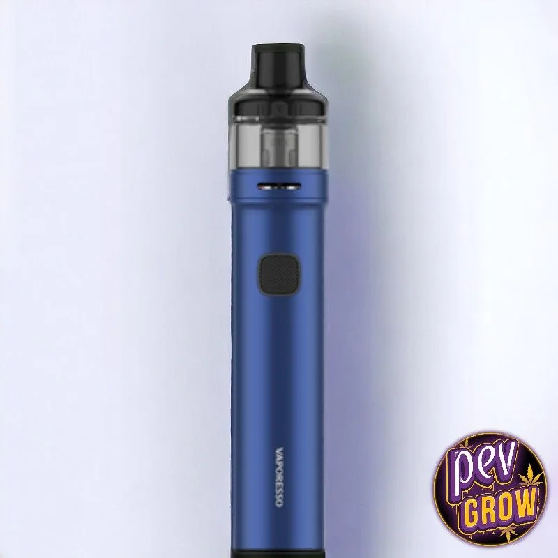 Vaporesso GTX GO 80 azul en posición vertical, con botón frontal negro, depósito transparente y boquilla negra.