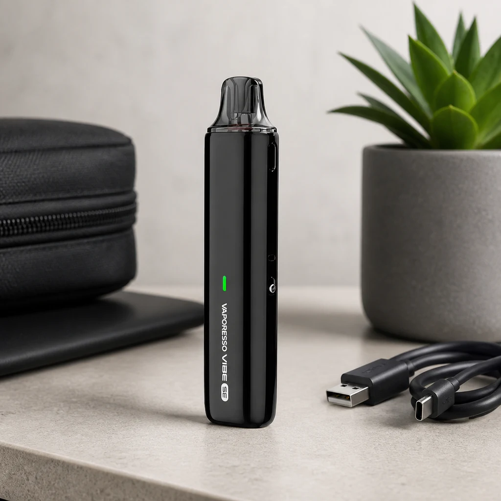 Vaporesso Vibe SE negro de pie, con boquilla translúcida e indicador verde, junto a un cable USB, un estuche y una planta. Vaporesso Vibe SE negro de pie, con boquilla translúcida e indicador verde, junto a un cable USB, un estuche y una planta.