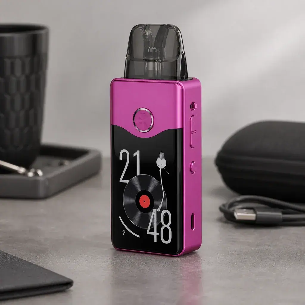 Pod recargable Vinci E120 Voopoo rosa con boquilla oscura y pantalla con un tocadiscos y números grandes, sobre una mesa gris.